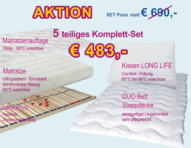 5teiliges KOMPLETT-SET  -  Matratze, Lattenrost, Auflage, Kissen und Steppdecke